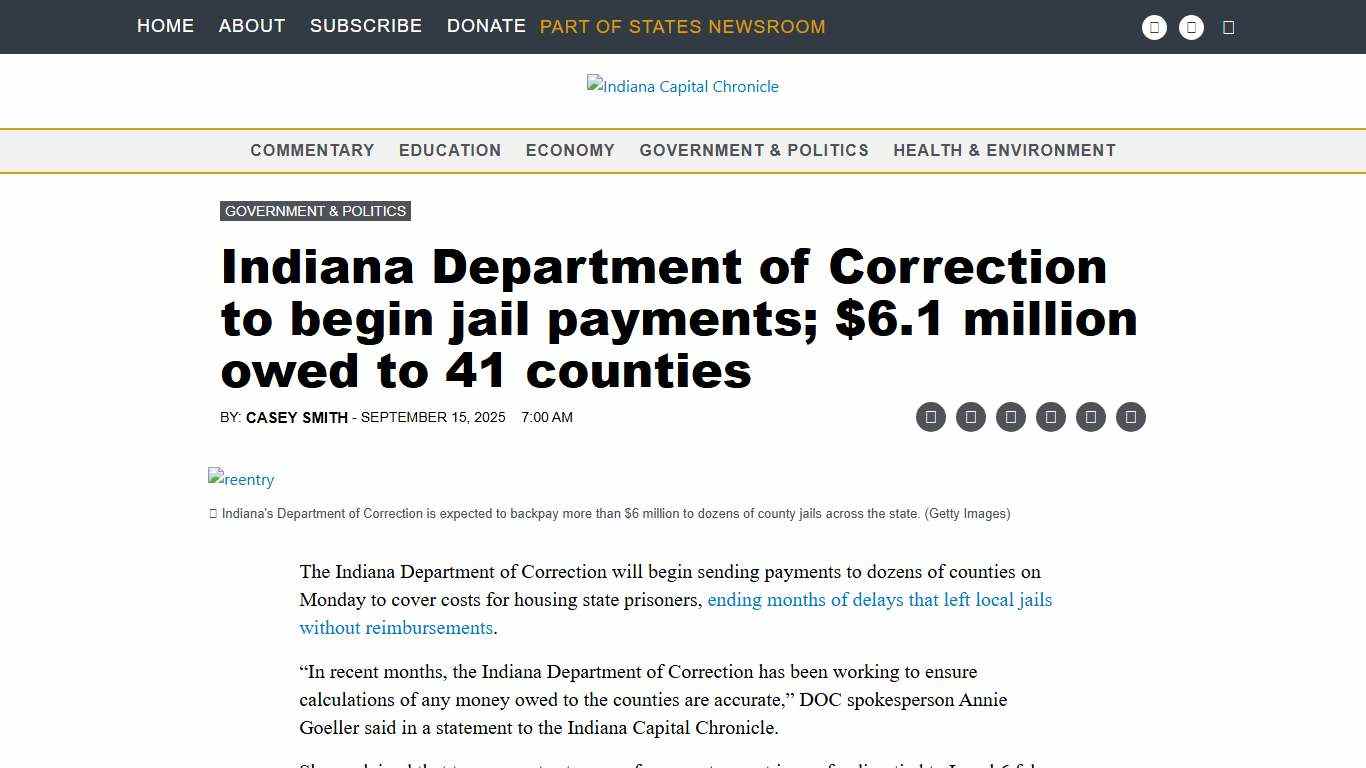 Indiana Department of Correction to begin jail payments; $6.1 million owed to 41 counties • Indiana Capital Chronicle